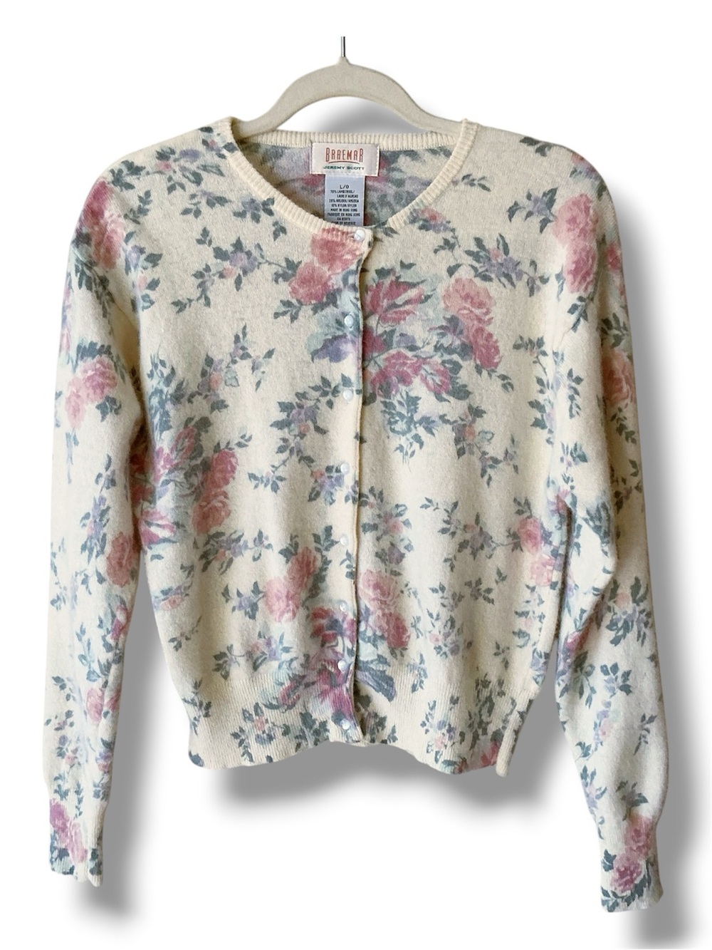 Vintage Braemar Jeremy Scott Lambswool Old Roses Cottagecore Cardigan Size L